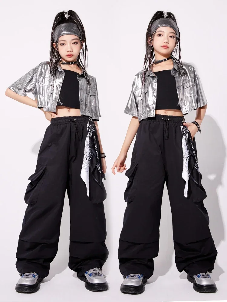 Silver Short Coat Black Cargo Pants Modern Kpop Clothing Kids Jazz Performance Stage Outfit Girls Hip Hop Dance Costume