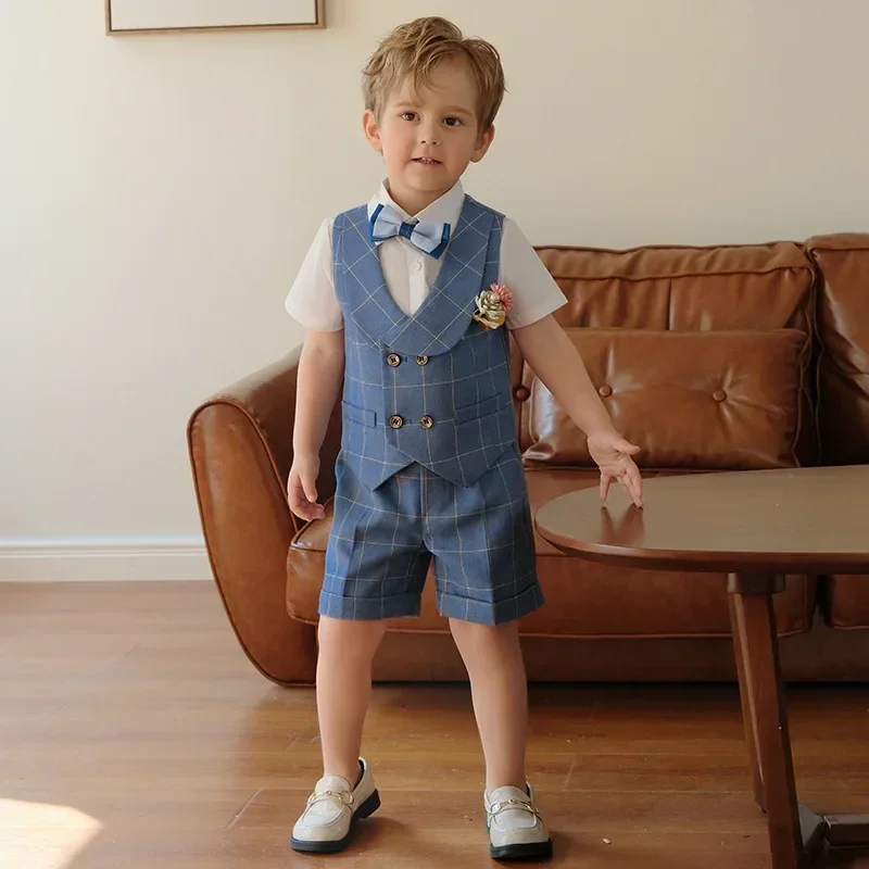 

Children's Spring Summer Plaid Vest Suit Boy Show Photography Wedding Birthday Party Dress Kids Waistcoat Pants Bowtie Costume