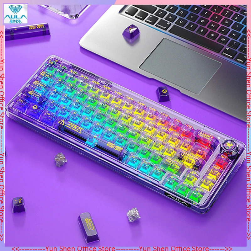 

New Aula F68 Bluetooth Wireless Keyboard 68 Keys Rgb Hotswap Mechanical Keyboard 2.4g Transparent Wired Keyboard For Desktop Pc