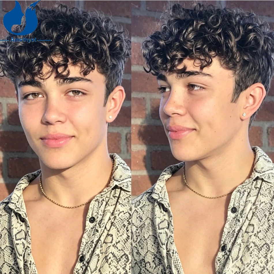 아메시스트 프리스타일 남성용 짧은 곱슬 가발, 앞머리 있는 풀 레이스 가발, 면..
