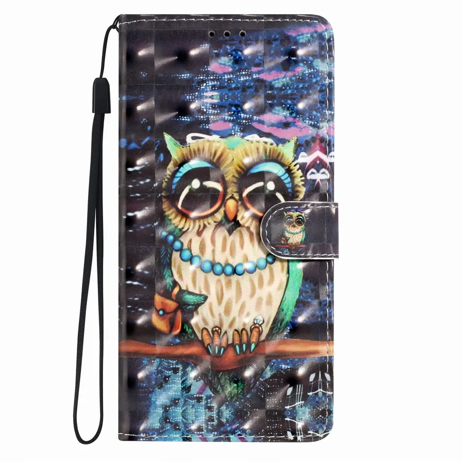 Adorable Owl Cat Print Phone Case with Wallet and Card Holder