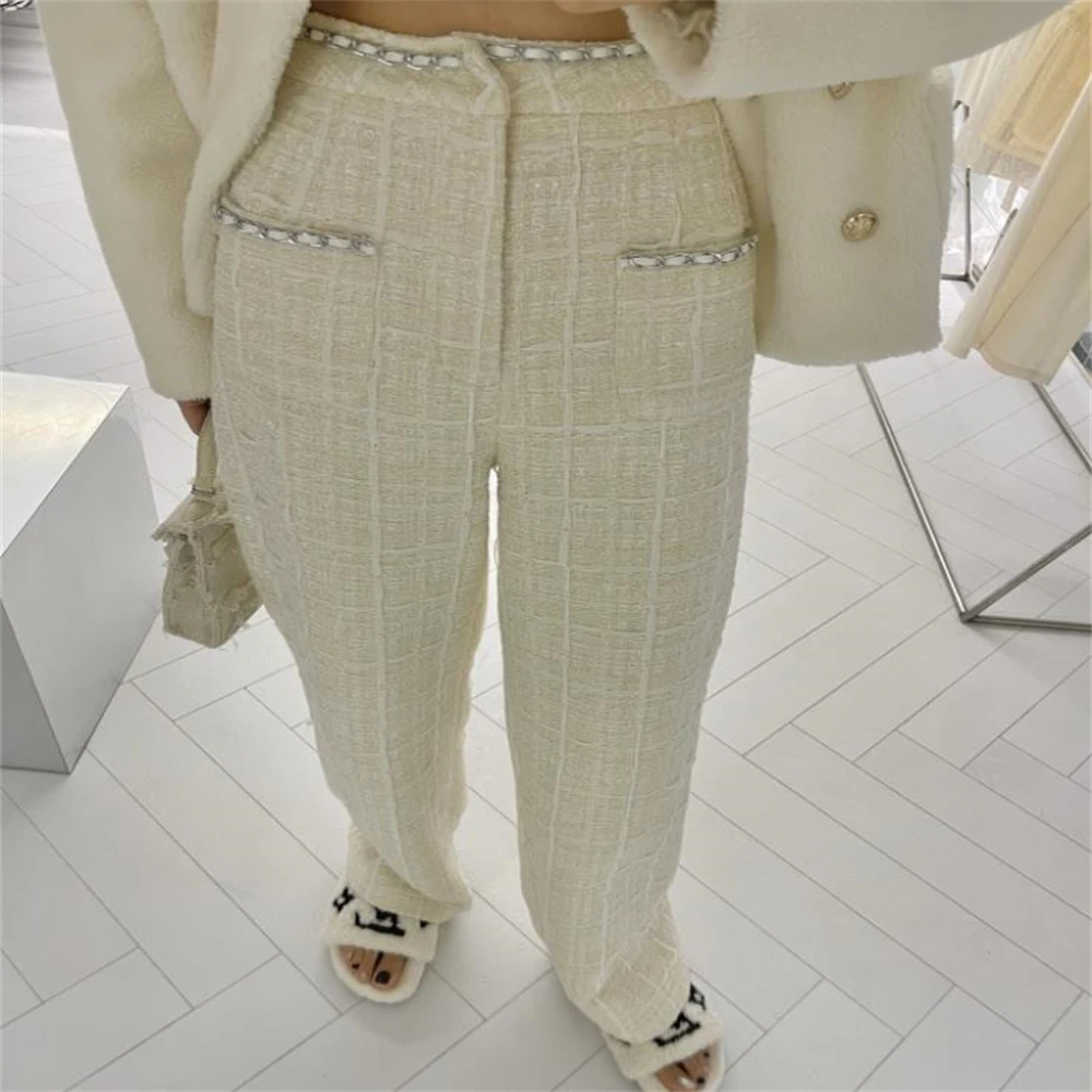 New Tweed Trousers Straight Wide Leg Woolen Pants Woven Chain Casual Women Pareo Mujer - Pants & - AliExpress