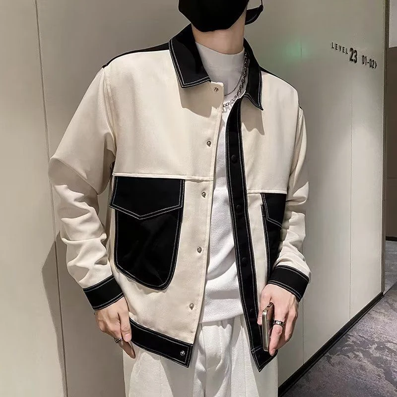 Autumn Winter Polo-neck Loose Casual Fashion Jacket Men Long Sleeve Patchwork Buttons Coat Homme Cardigan Top Male Trend Outwear men waffle suits large size autumn long sleeve top casual elasticated waist pocket straight pants male solid color two piece set