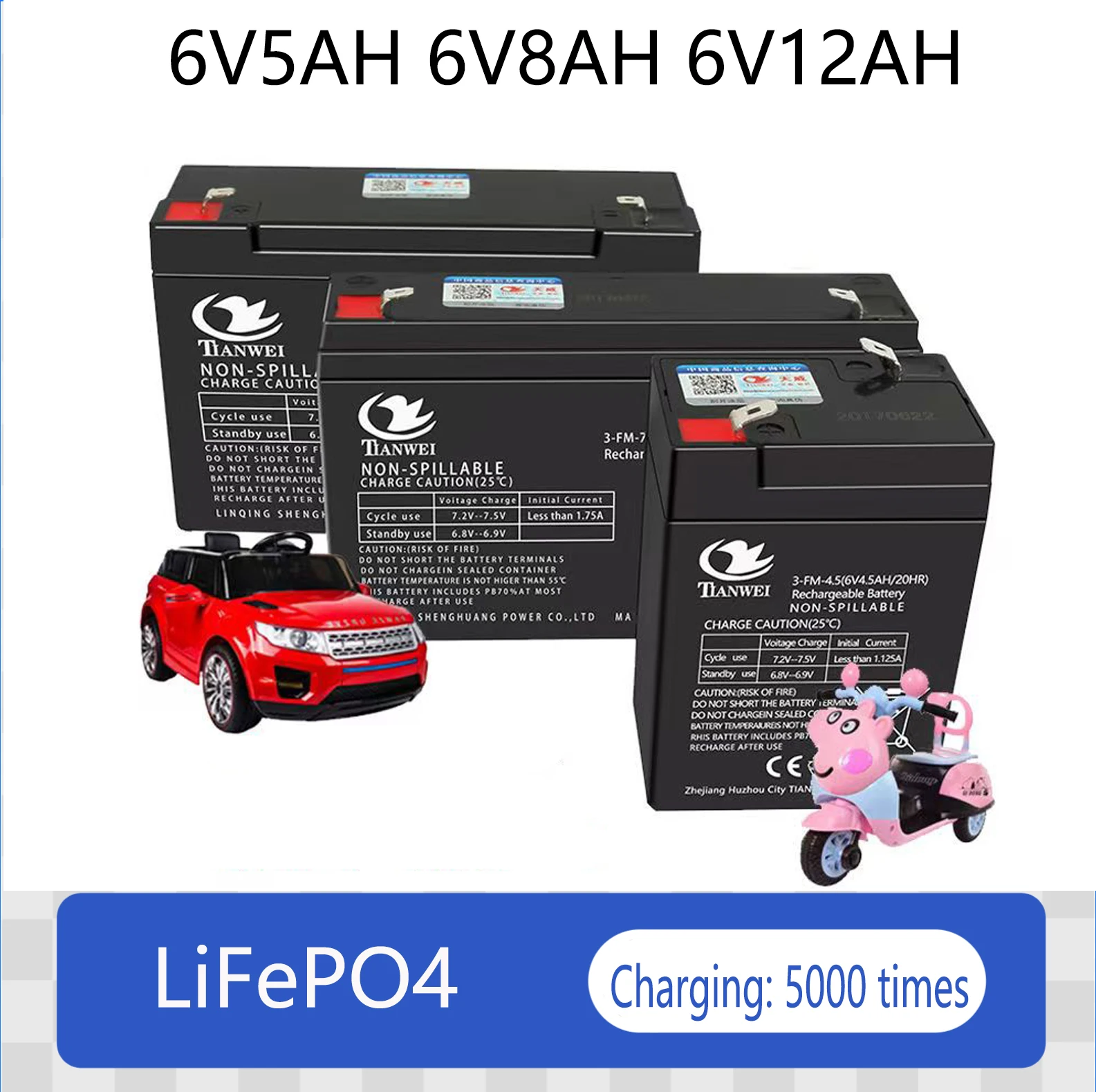 Batterie RC 6V 5/8/12Ah pour voiture enfant, chargeur inclus