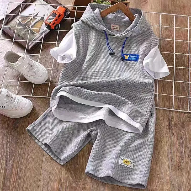 

2024 Summer Active Kids Clothes Boy Patchwork Shorts Sleeve T-Shirt Shorts 2Pcs Sets Hoodies Top Pants Children Tracksuits 4-13Y