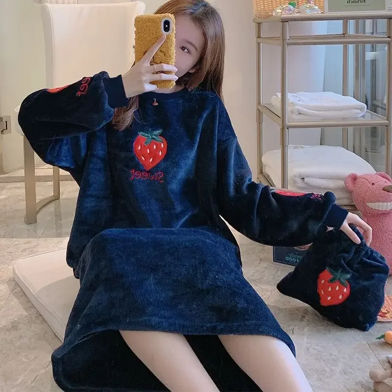 

New Winter Korean Thick Warm Flannel Long Sleeve Loose Nightgown for Women Coral Velvet Sleepwear Night Dress Nightdress Nighty