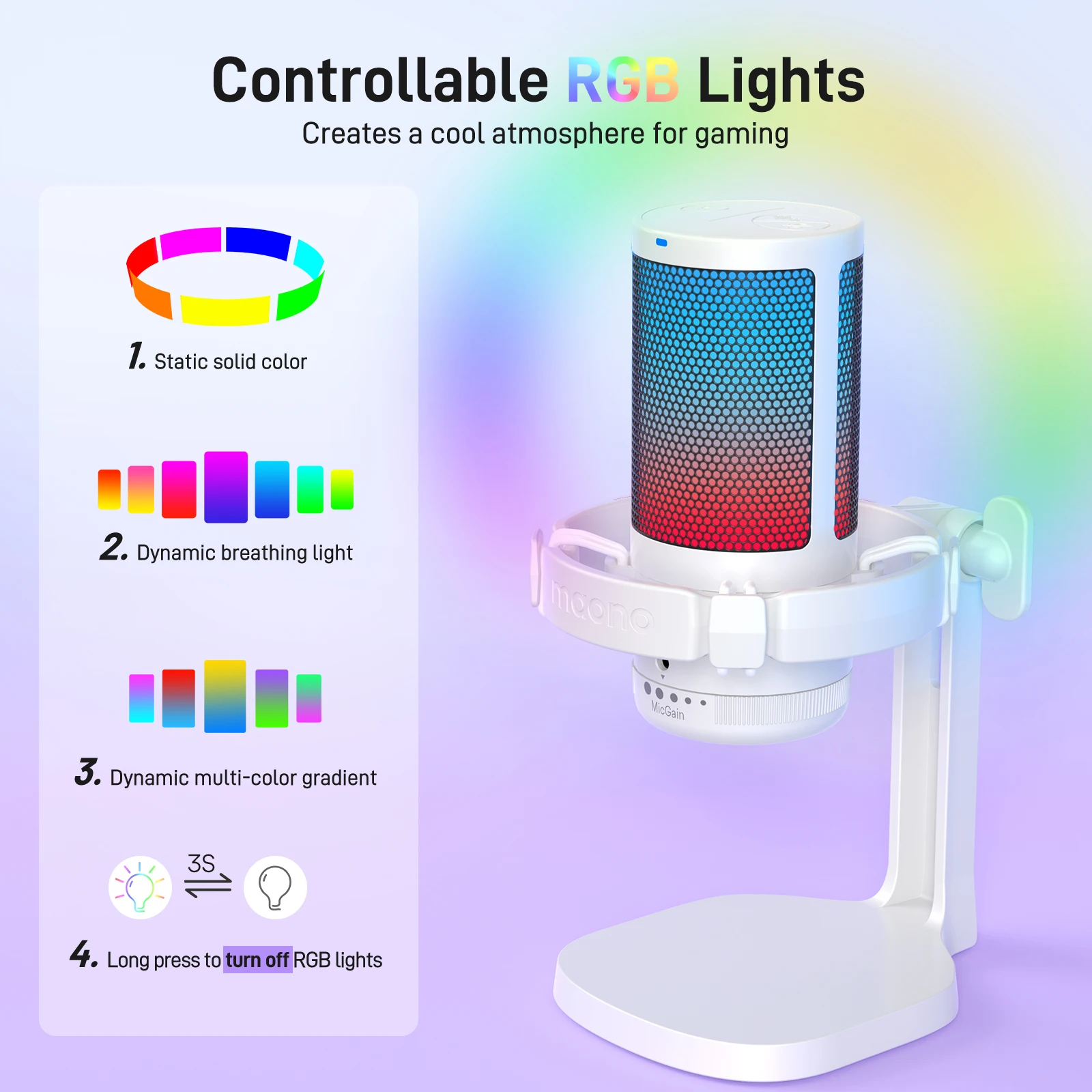 Maono Gamerwave RGB 게임용 마이크, USB 콘덴서 마이크, 노이즈 캔슬링 마이크, 마이크 게인, RGB 라이트, 원 키 음소거, DGM20