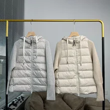  New Winter Women's Knitted Cashmere Stitching Fake Two-piece Hooded 90 Goose Down Vest Short Down Jacket 