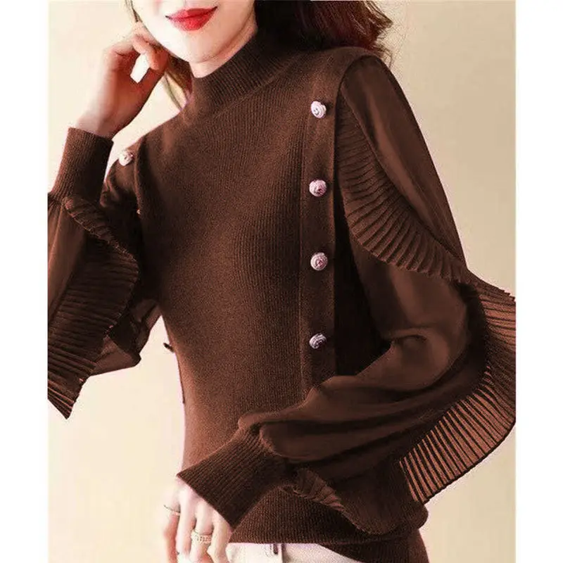 Women's Clothing Casual and Versatile Oversize Autumn Winter New Spliced Button Solid Color Half High Neck Long Sleeve Pullover