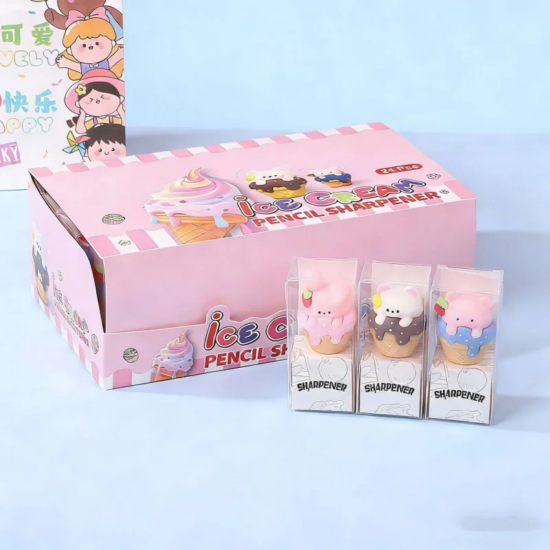 24 pc/LOT KAWAII 고양이 토끼 곰 아이스크림 연필 깎기 귀여운 손 기계 커터 칼 문방구 선물 학용품