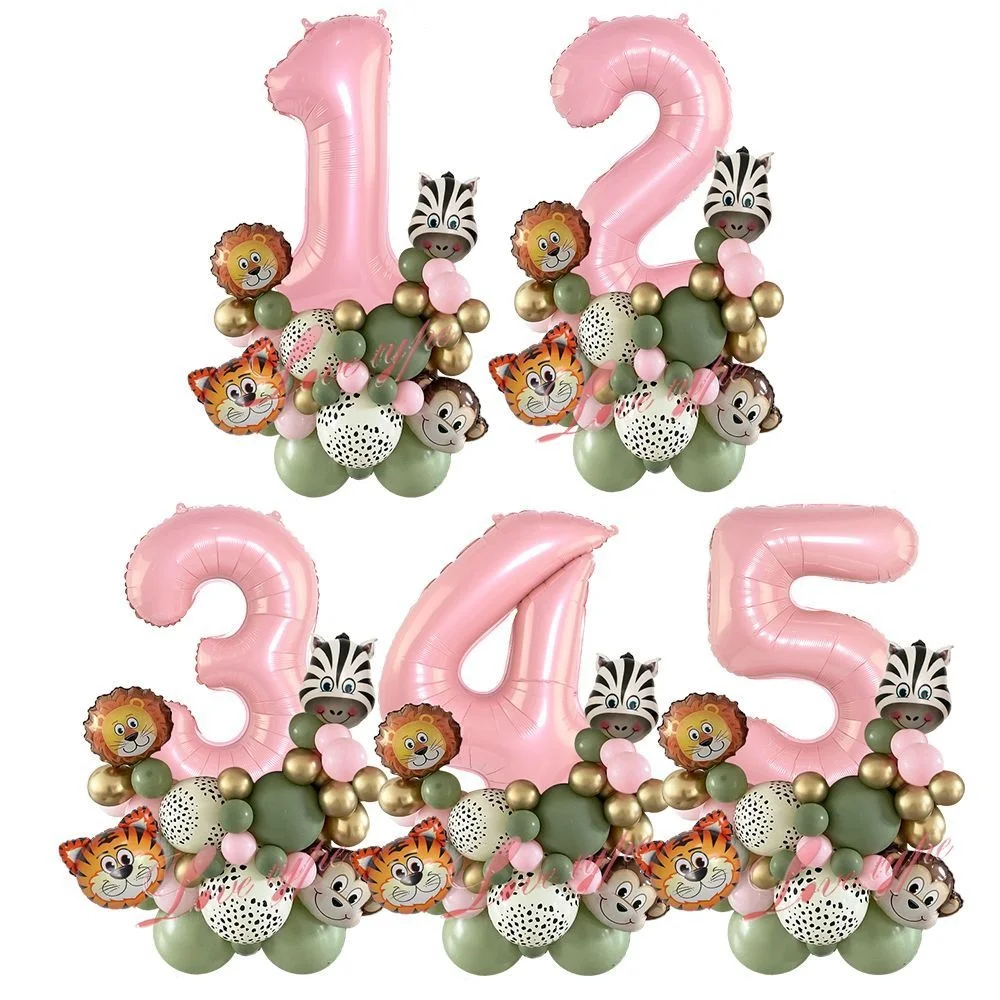 

1SET Wild One Animal Theme Party Balloon Tower for Girl's Jungle Forest Birthday Party Decorations Pink Balloons DIY Supplies