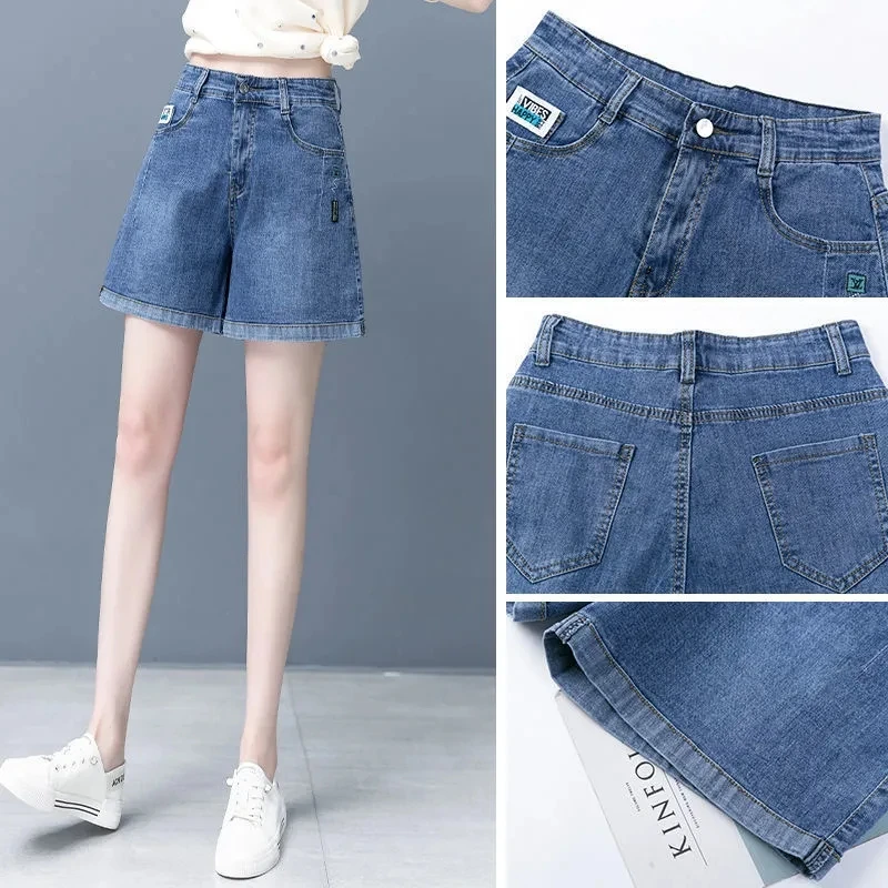 Plus Size Embroidery Denim Women's Shorts Turning Edge Thin Loose Wear Wide Legs High Waist Euryscelia Slim Women Quarter Pants