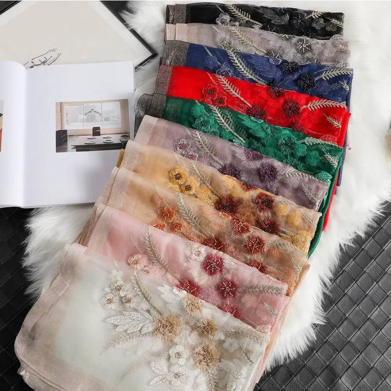 

2024 пляжный шарф-палантин, женский шарф, Шелковый шерстяной шарф с цветочной вышивкой, женский тонкий платок, хиджаб, шали, Пашмина