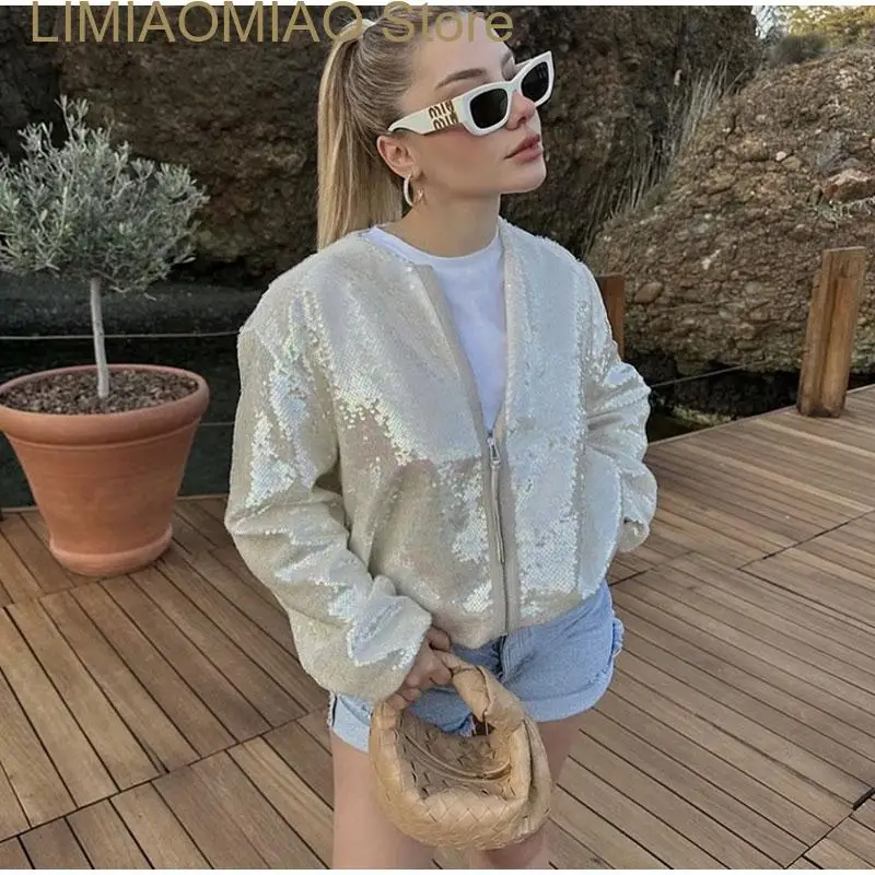 New Fashion Sequins Bomber Jacket For Women Spring Street Zipper Short Coats Female Long Sleeve Racing Jackets Baseball Outwear