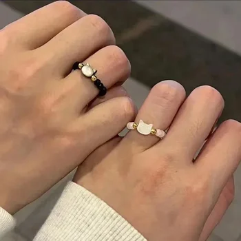 Couple Creative Gifts Shell Little Black Cat Ring Elastic Rope Cute Personalized Beaded Simple and Versatile Ring Accessories 2