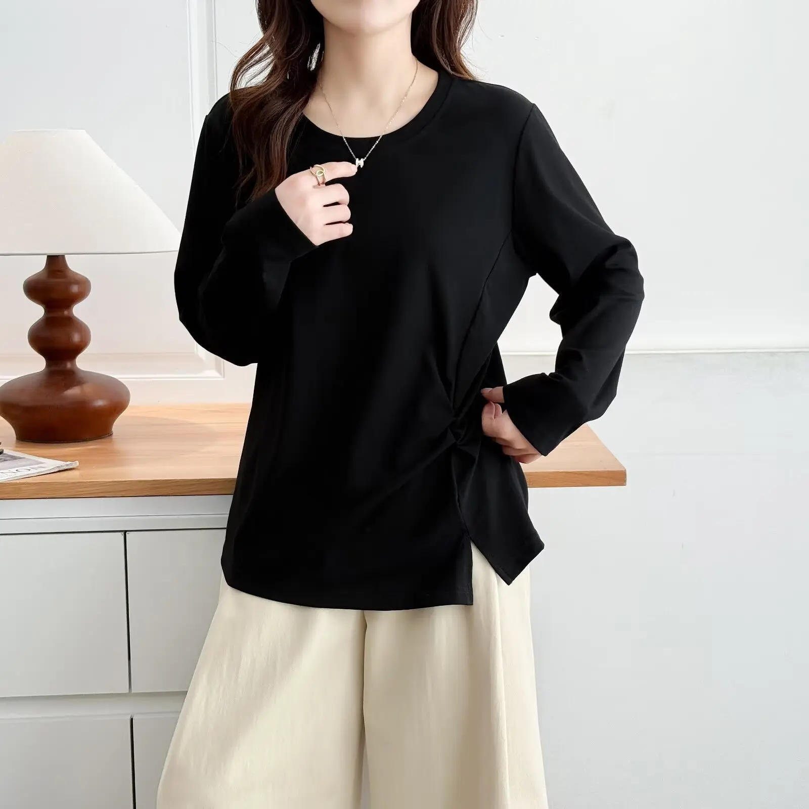 Fashion Plus Size Women's T-Shirt New Autumn Style Fold Waist And Slit Solid Color Long Sleeve O-Neck Tops 2522