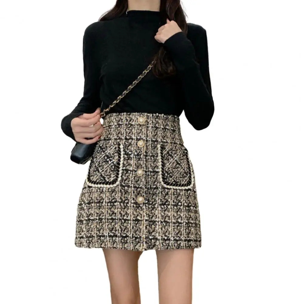

Women Autumn Winter Mini Skirt Plaid Print A-line Skirt with Faux Pearls Buttons High Waist Woolen Mini Skirt with for Women