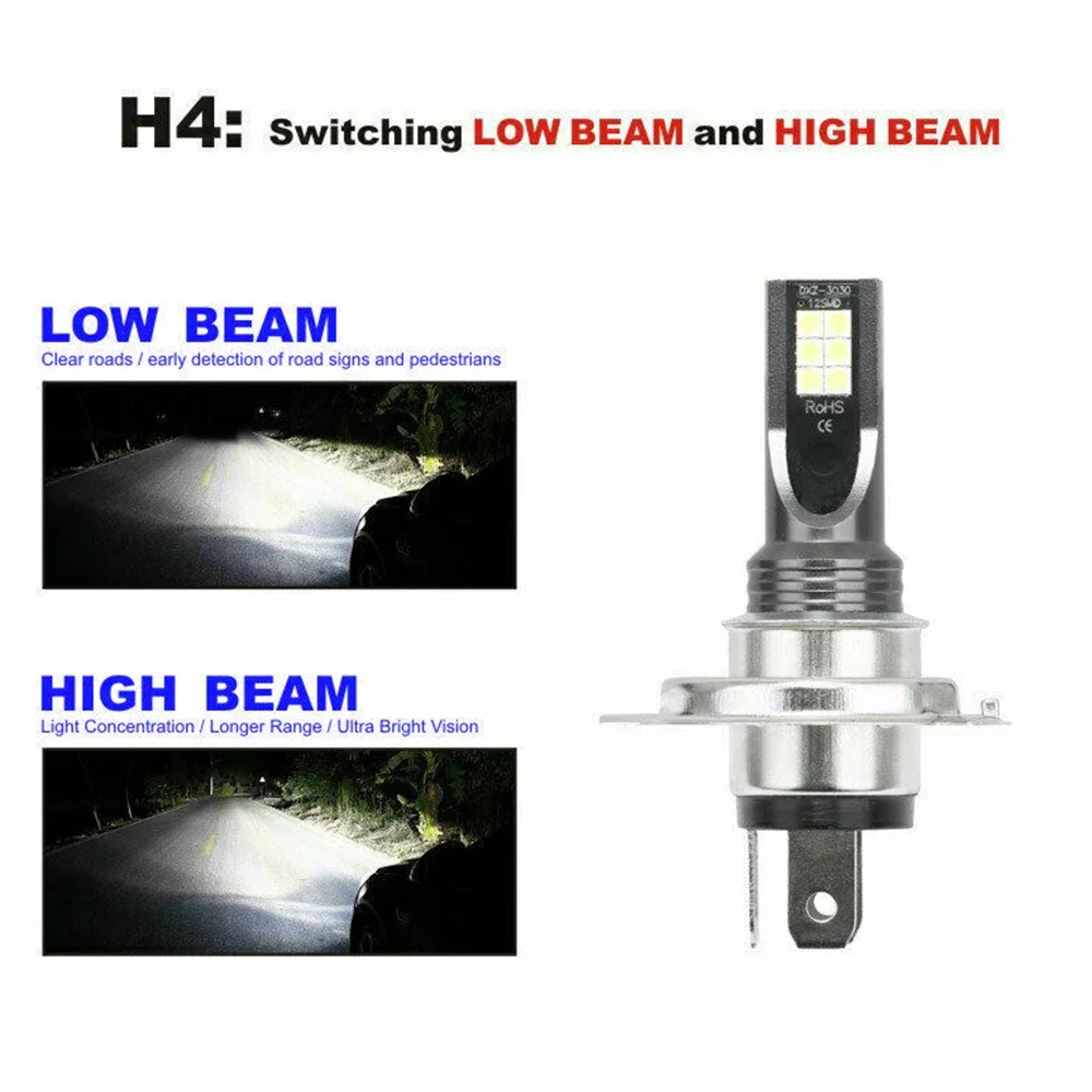 안개등 헤드라이트, 6000K 알루미늄 전구 변환 H4 하이 로우 빔 키트, LED 교체 방수, 1500W, 2 개
