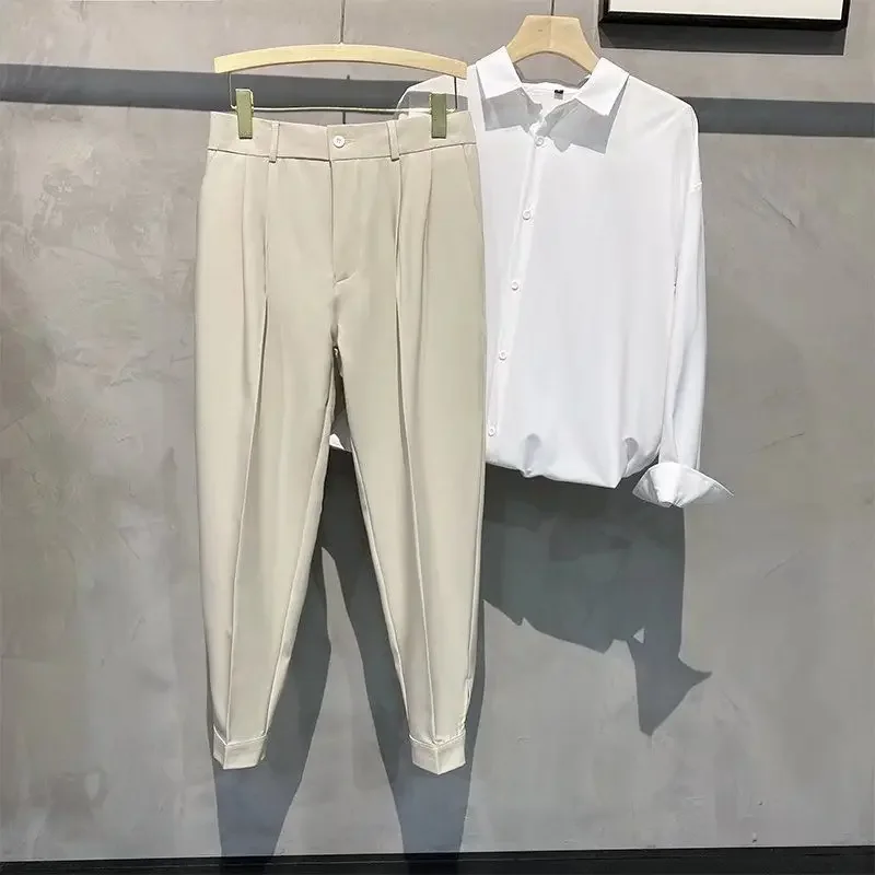thumbnail image 1 of Pantalones de traje de sastrería social recortados para hombre, de negocios, de seda de hielo, elásticos, de verano, rectos y holgados, 1 of 5