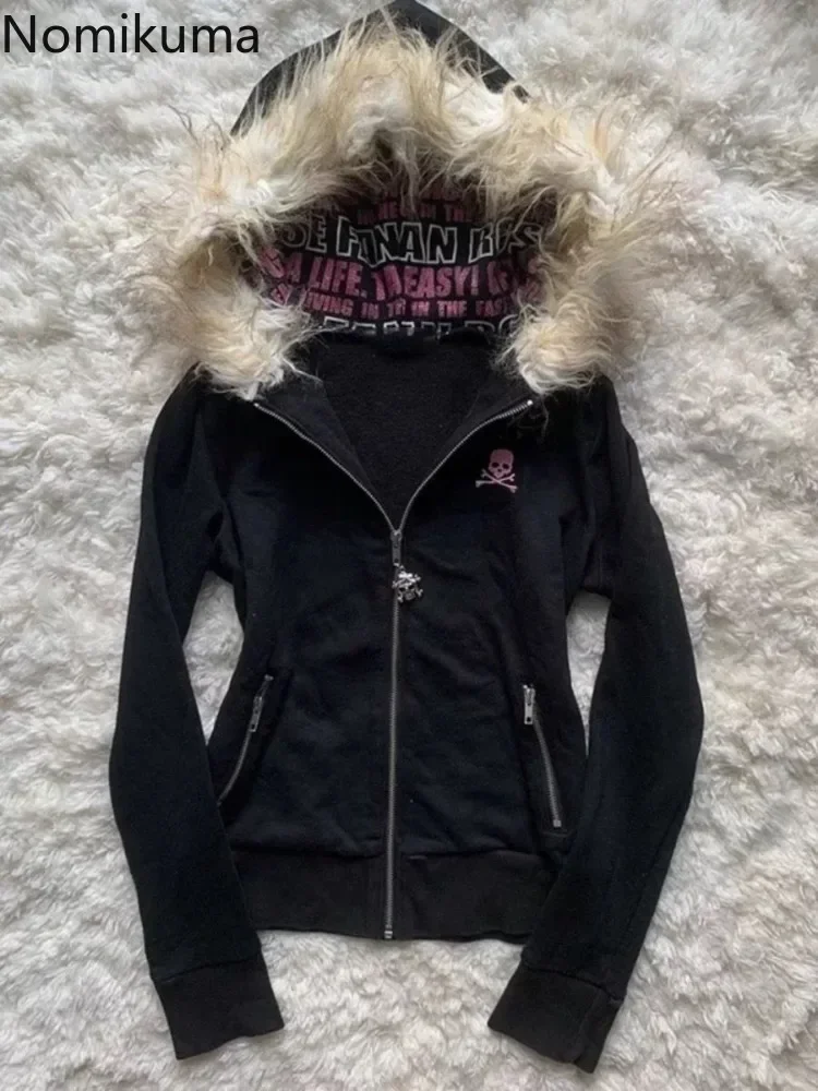 Black Goth Hoodie Women's Clothes Letter Skull Embroidery Zipper Y2k Coat Fashion Hooded Jacket Japanese Sweatshirts Y2K Tops 2
