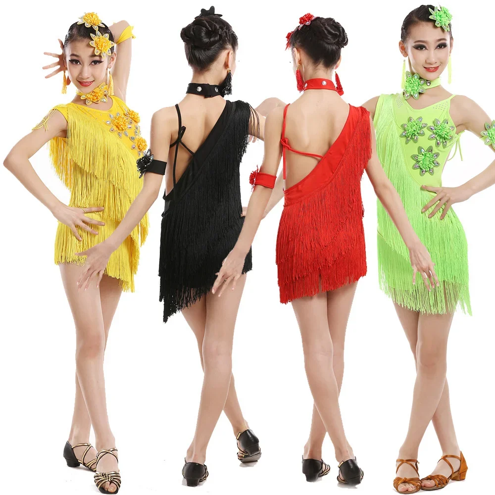 

Sequins Tassels Kids Competition Latin Costumes Dance Dresses Girls Gymnastics Party Dancing Dress Stage Outfits Wear Dancewear