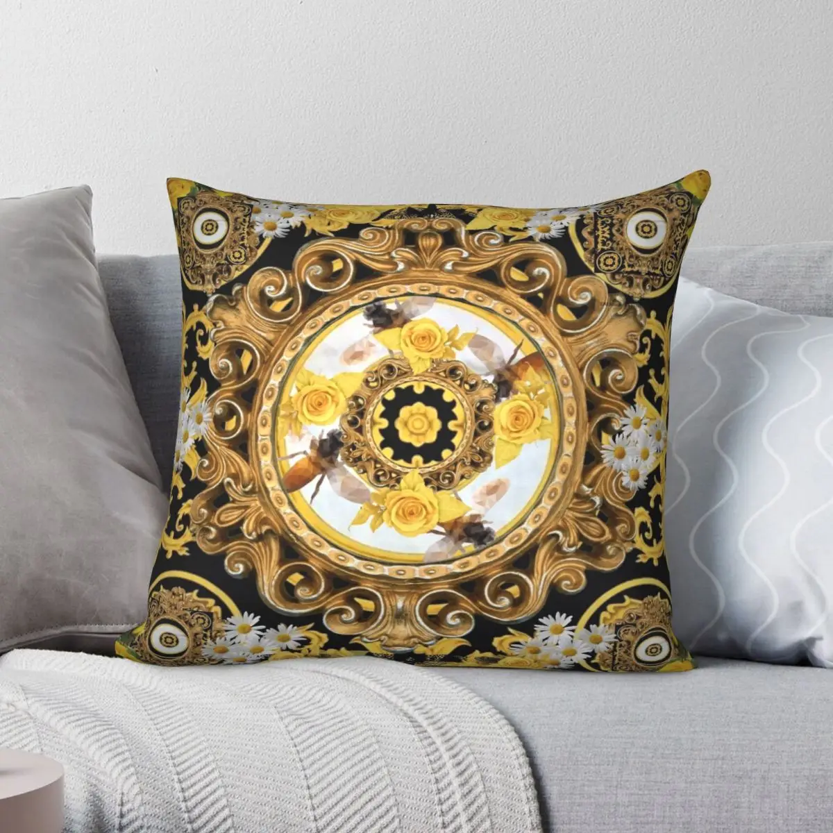 

Yellow Rose And Bees Vintage Pillowcase Polyester Linen Velvet Printed Zip Decorative Pillow Case Sofa Seater Cushion Cover