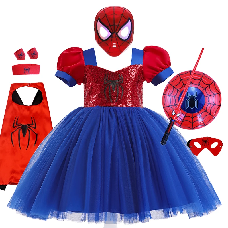 

Disney Spiderman Cosplay Costumes Girls Children's Day Sequins Spider Mesh Tutu Dresses For Kids Birthday Halloween Fancy Party