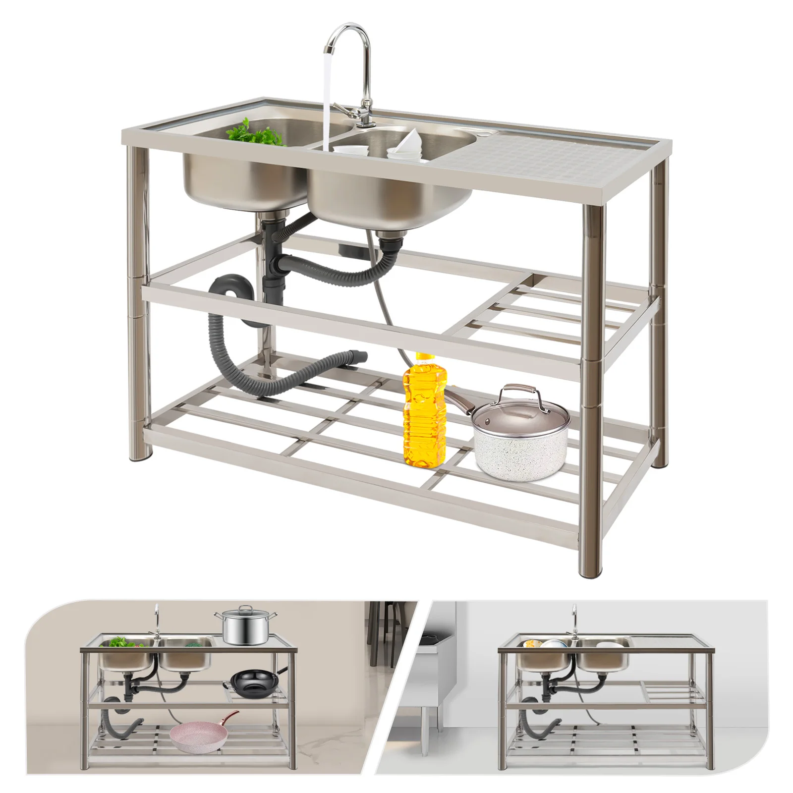 Free Standing Stainless-Steel Double Bowl Commercial Restaurant Kitchen Sink Set w/Faucet & Drainboard