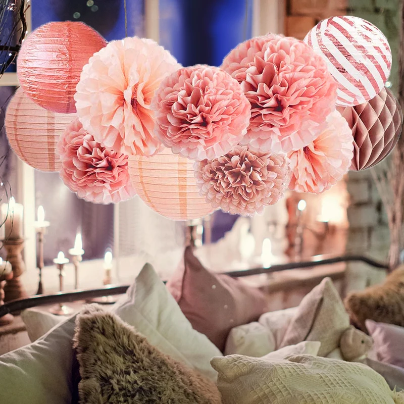 11 Sets Chic Hanging Decorations Tissue Paper Flower Pom Poms Lanterns for Birthday Wedding Baby Shower Bachelorette Party Decor