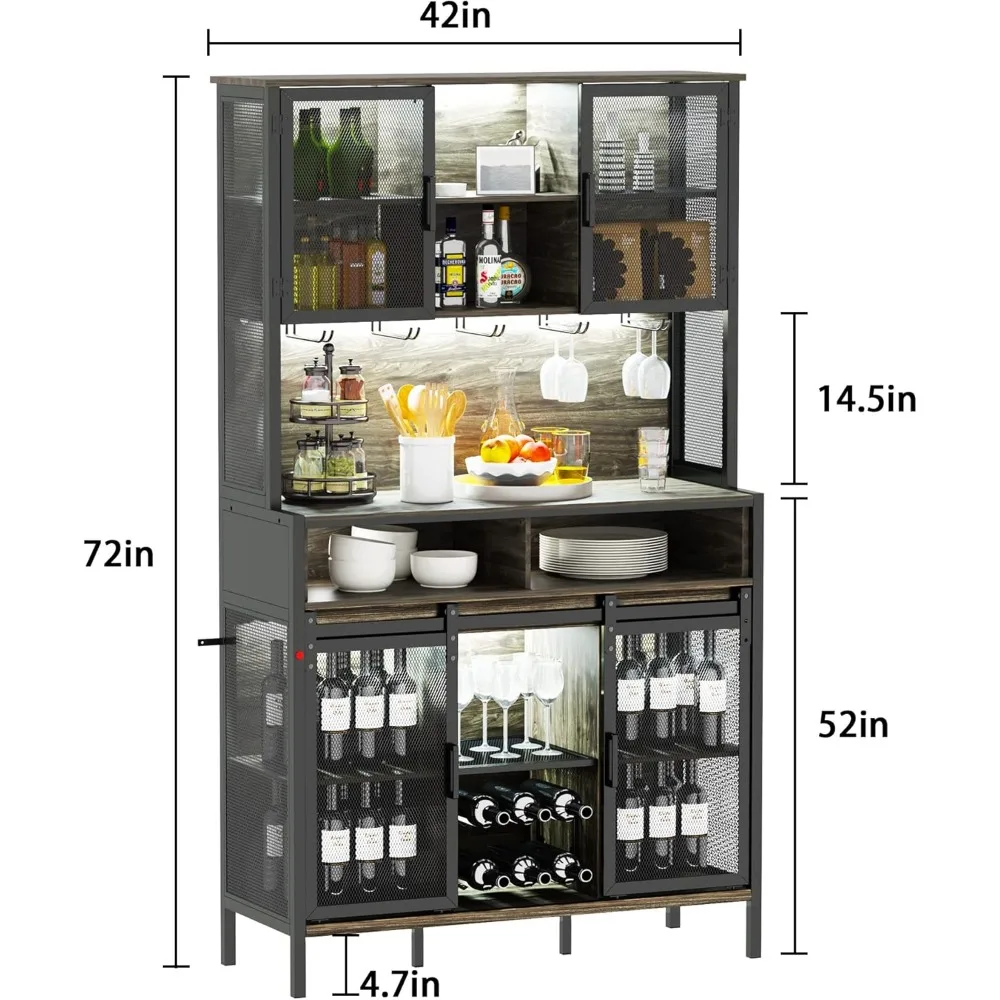 Bar Cabinet with LED Lights, 72" Tall Wine Bar Cabinet Liquor Cabinet with Sliding Barn Door and Glass Holder, Coffee Bar Statio 2