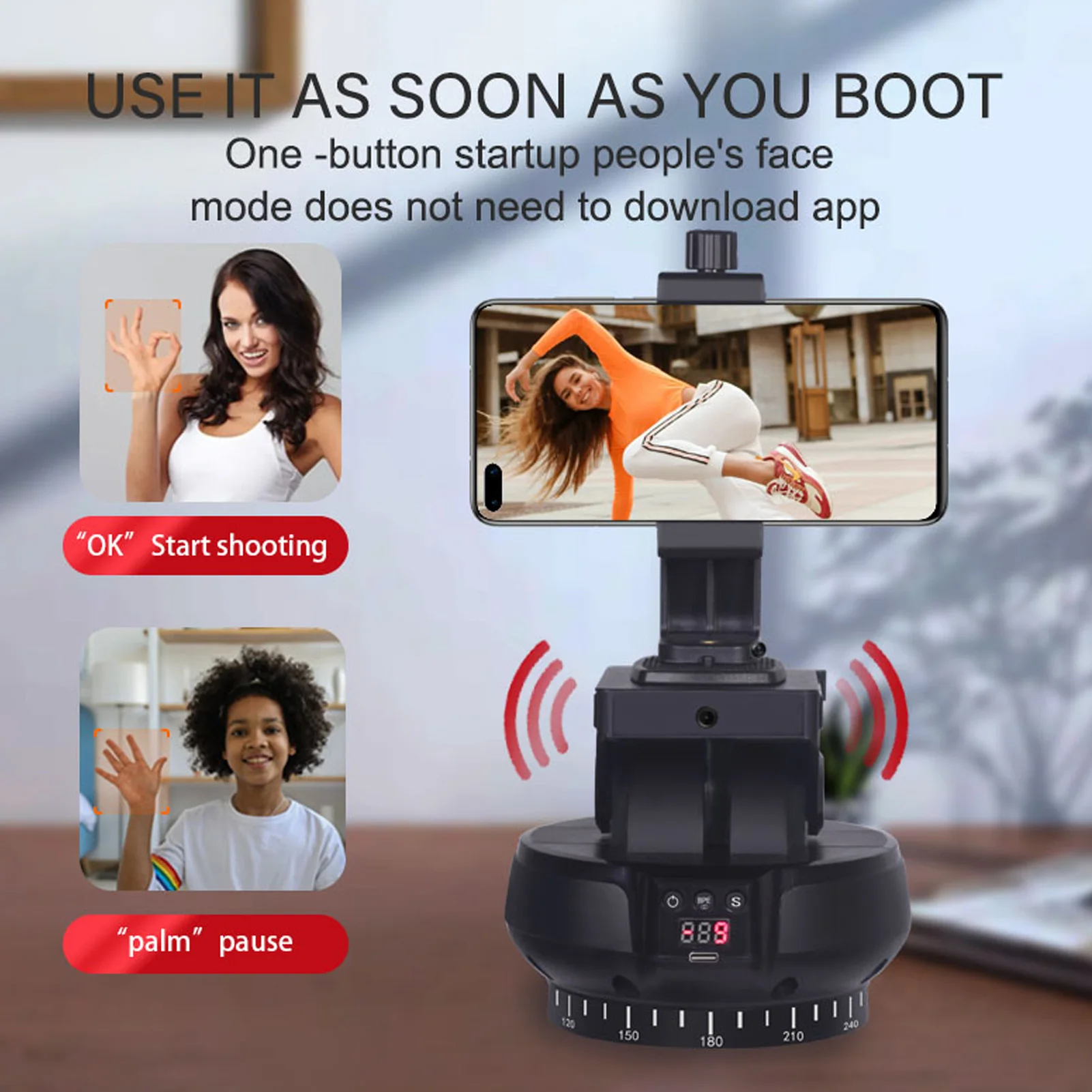 Wireless Electric Tripod Head 9 Gears Adjustable 1/4in Screw Hole Remote Control AI Face Tracking Panoramic Head for Shooting