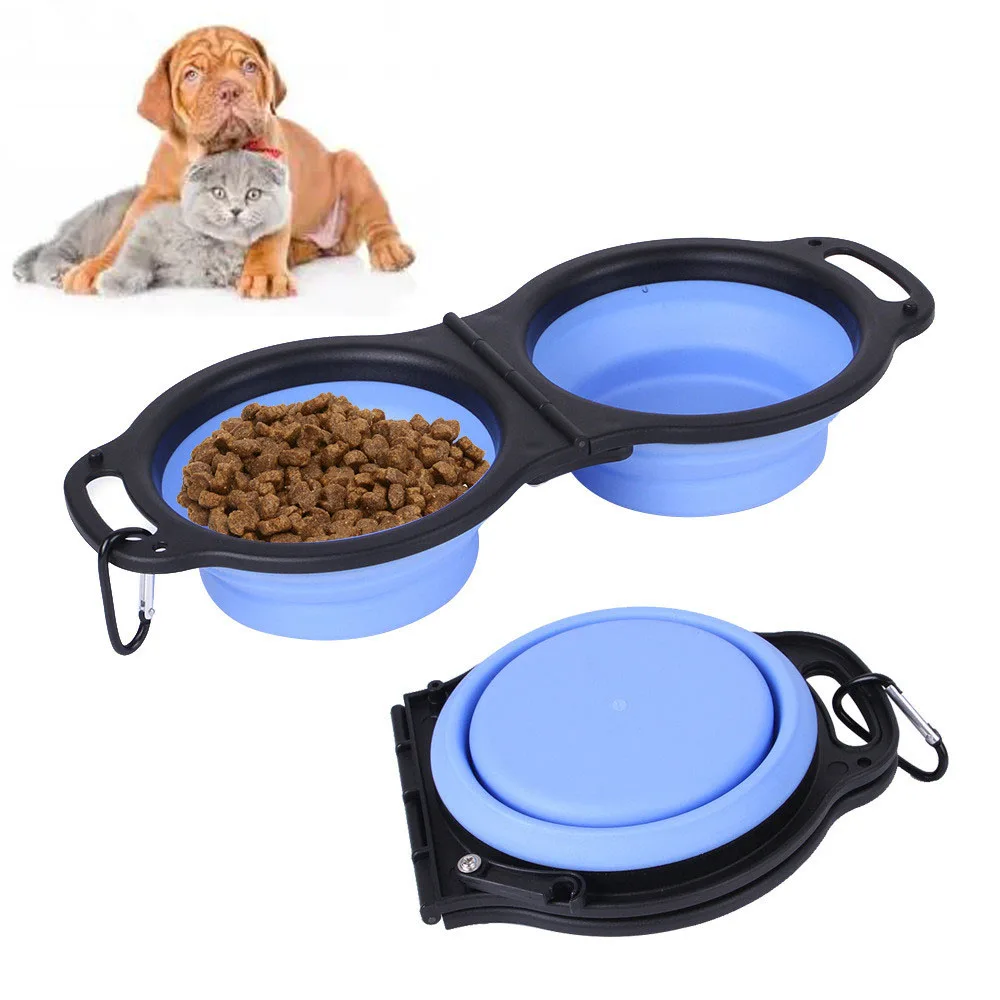 DogTravelBowlsSiliconeDoubleBowlForDogsOutdoorPortableCatDogFeedersCollapsibleDog