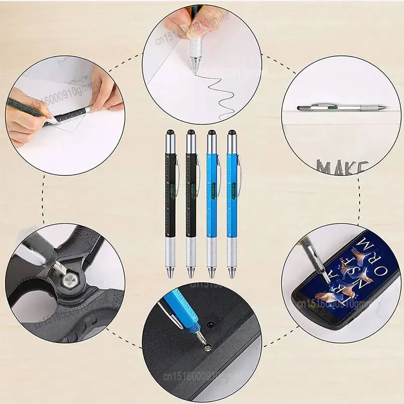 4Pcs Set Multifunction Ballpoint Pen Blue Black Ink With Measure Ruler Screwdriver Touch Screen Stylus Tool Writing Stationery