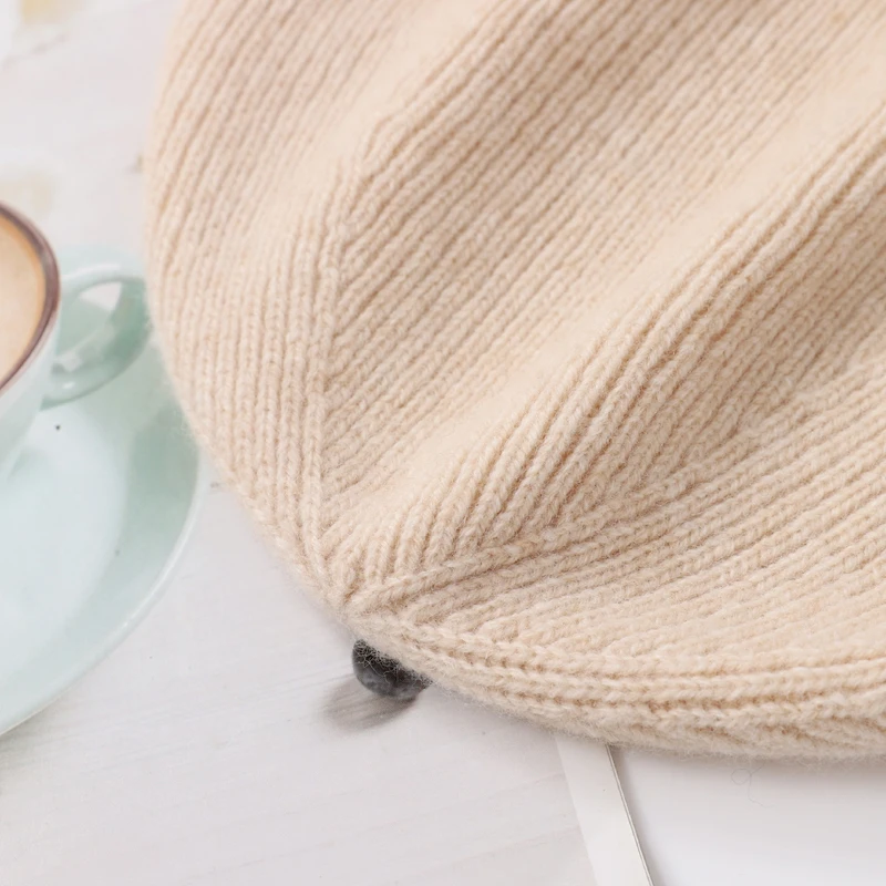 100%Pure Cashmere Beanies For Women Winter Warm Soft Solid Color Knitted Hat Y2K Korea Fashion Flipped Heap Pullover Cap Girl 4