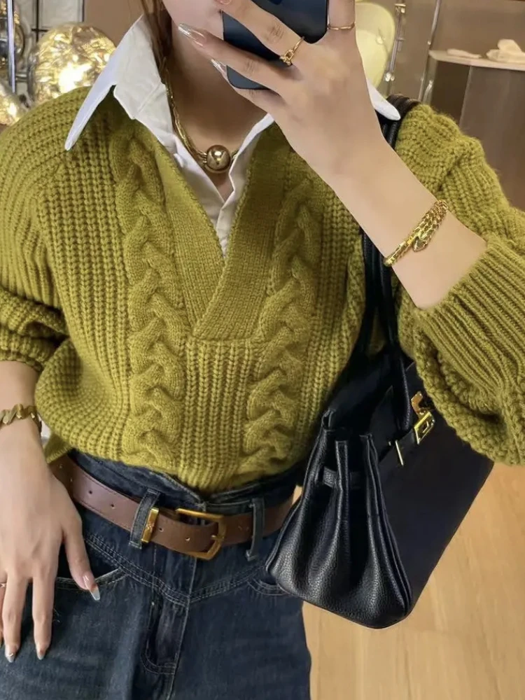 

Women Fake Two Pieces Sweater 2023 Fall Winter Fashion Streetwear Vintage Loose Casual Female Warm Knitted Sweaters Pullovers