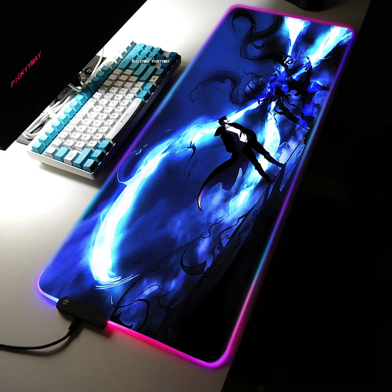 

Solo Leveling Sung Jinwoo RGB Mouse Pad Large Gamer Mousepads LED Desk Rug Mouse Mat Backlit Laptop Pads Luminous Keyboard Mats