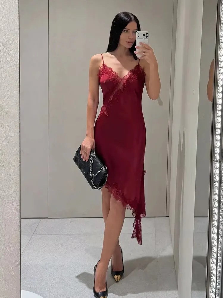 HH Women Sexy Lace Spliced Dress Elegant Solid Asymmetry Hem Dress Backless Sleeveless V Neck Mini Dresses Party Evening Dress