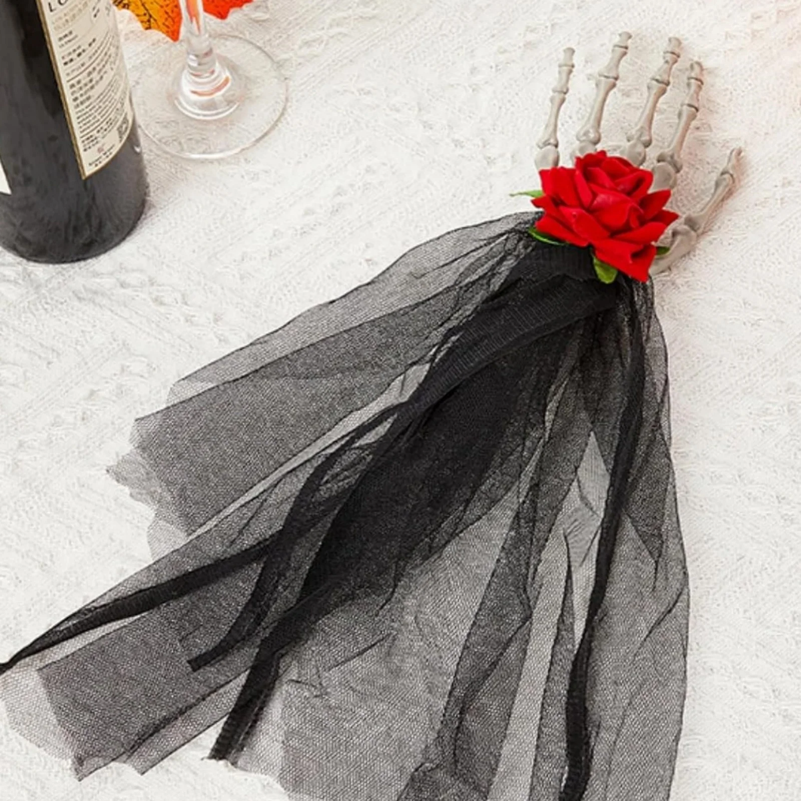 1PC Halloween Skeleton Hand Hair Clip: Gothic - Style Accessory With Rose & Black Veil, Spooky Hairpin For Party, Cosplay