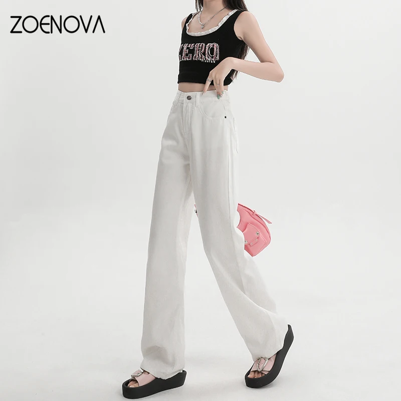 ZOENOVA 여성용 화이트 하이 퀄리티 아이스 실크 청바지, 리오셀 원단, 스몰 스트레이트 캐주얼, 다목적 데님 바지, 여름 신상 패션