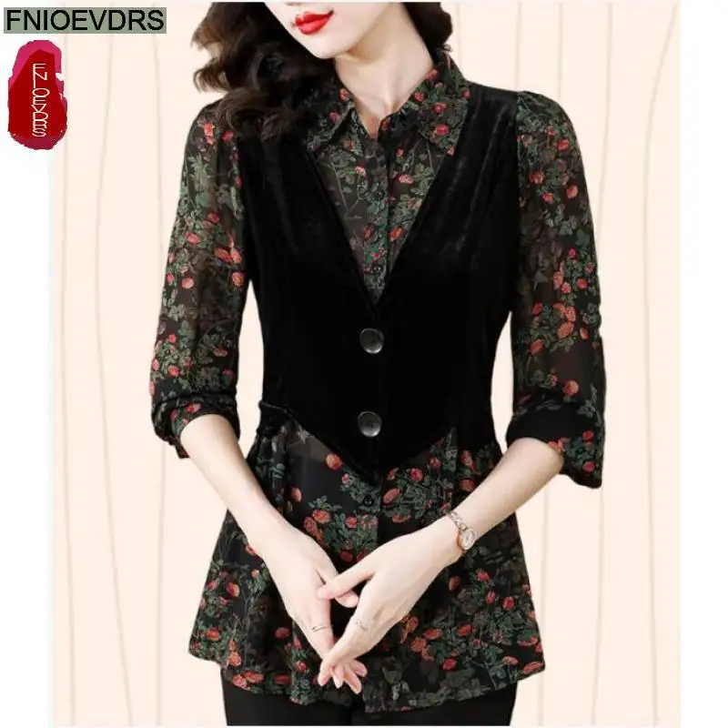 

L-5XL Loose Clothes 2023 Women Autumn Elegant Ruffles Basic Shirts Retro Patchwork Black Floral Tunic Peplum Tops And Blouses