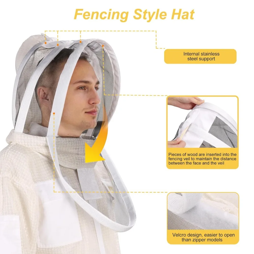 Ventilated Bee Suit, 3 Layer Sting-Proof Beekeeping Suit Beekeeper Suit for Men & Women with Gloves & 2 Beekeeping Veils