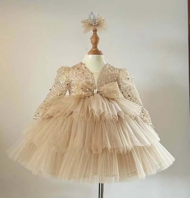 

Детское платье с цветами для девочек, вечернее Пышное Платье с блестящими бусинами и бантом, бальное платье для причастия, Детская пачка для малышей