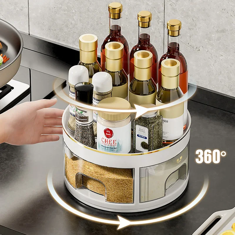 High-capacity Integrated Multi Grid Rotating Seasoning Vinegar Bottle Rack Seasoning Storage Table Top Kitchen Box