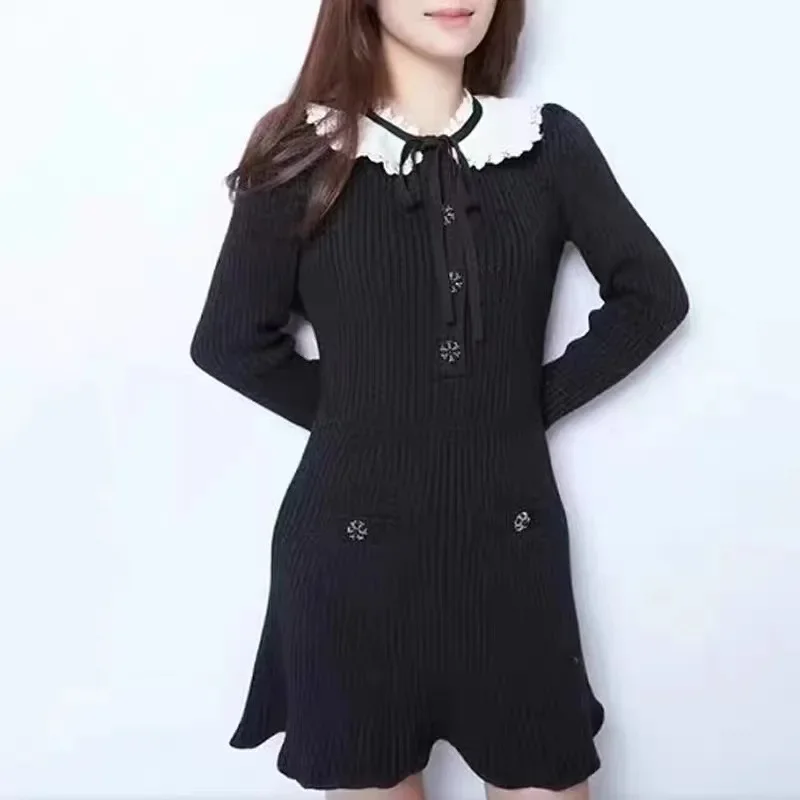 

Elegant Ladies Peter Pan Collar Knit Dress Casual Long Sleeve Mini Dresses Spring 2023 Vintage High Waist Vestidos for Women