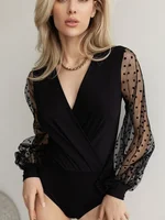 Spring/Summer Women's Tights Stretch fabric balloon sleeves crossover collar polka dots long sleeves mesh panels - Image 4