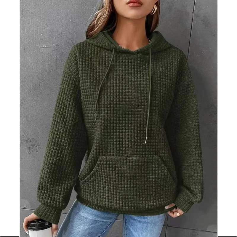 2023 Autumn Winter New Solid Color Hooded Drawstring Long Sleeve Sweatshirt Women Fashion Pocket All-match Waffler Pullovers