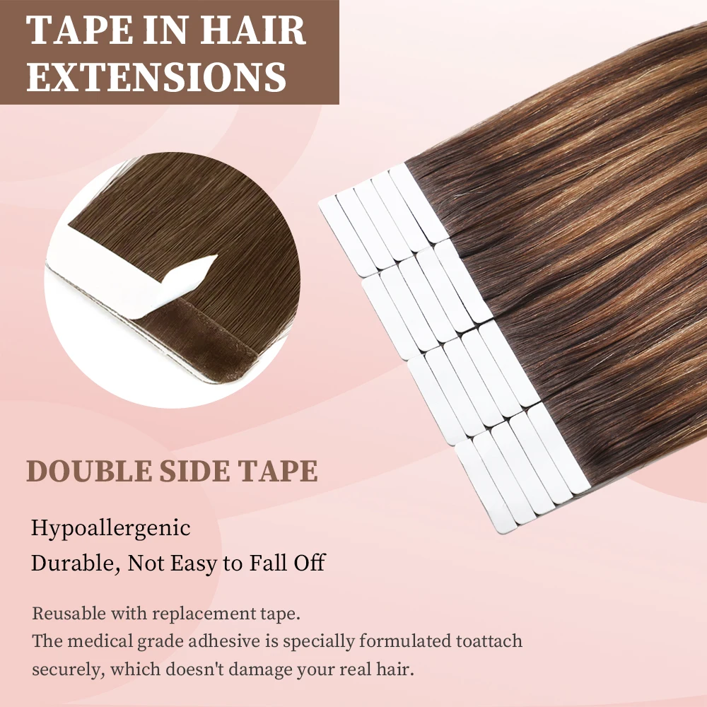 20 Pcs Tape in Hair Extensions Human Hair Ombre T4/P4/27 Brown to Caramel Blonde Invisible Seamless Remy Extensions