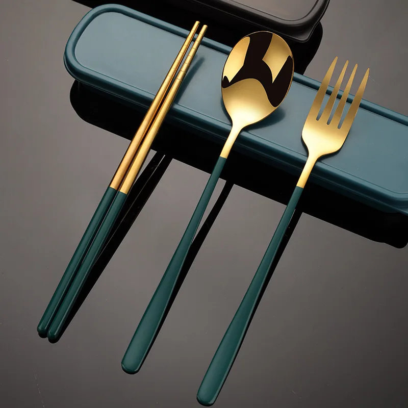 

Stainless Steel Portable Tableware Fork Spoon Chopsticks Set Korean Three Piece Set Outdoor Gift Student Tableware Set