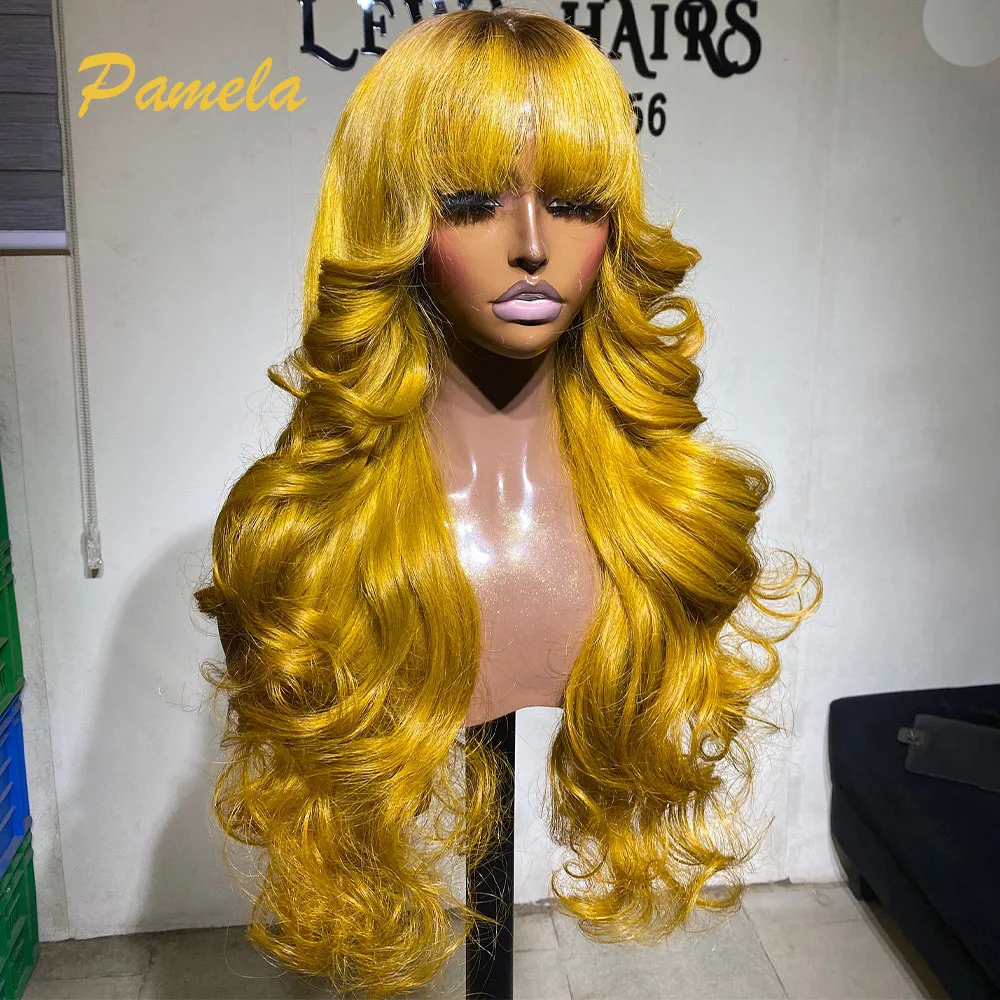 Honey Blonde Body Wave 250% Density HD Lace Front Wigs Highlight Yellow Blonde Colored Human Hair Wigs Ready To Wear With Bangs