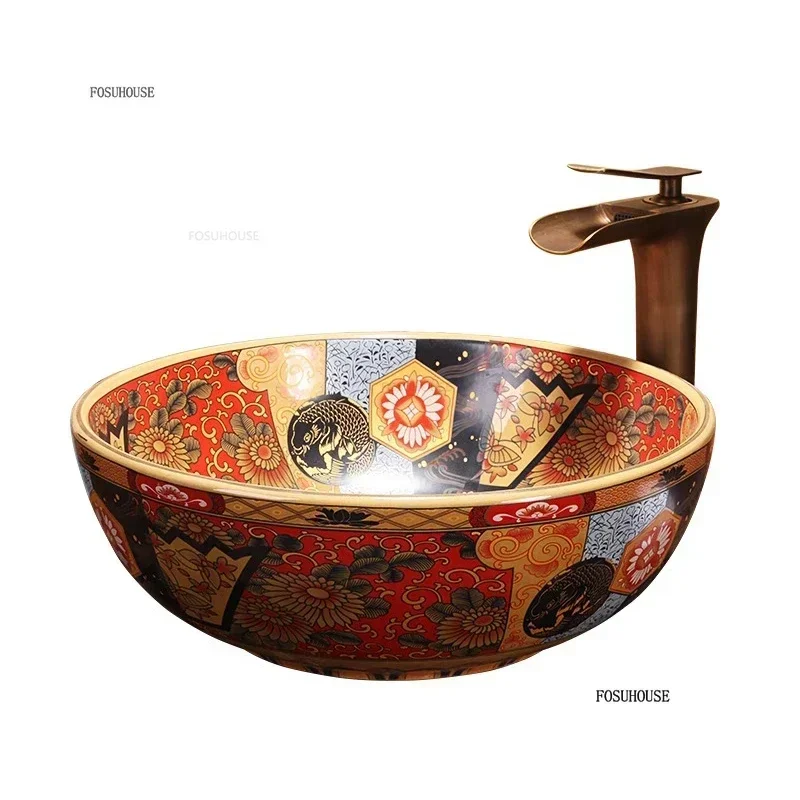 European Ceramic Wash Basin American Art Bathroom Sinks Retro Home Round Single Basin Balcony Toilet Creative Hand Painted